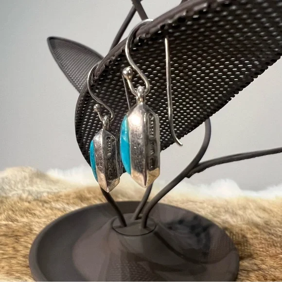 Barse 925 Thai Silver and Turquoise Rectangle Cabochon Earrings Vintage - Picture 3 of 5